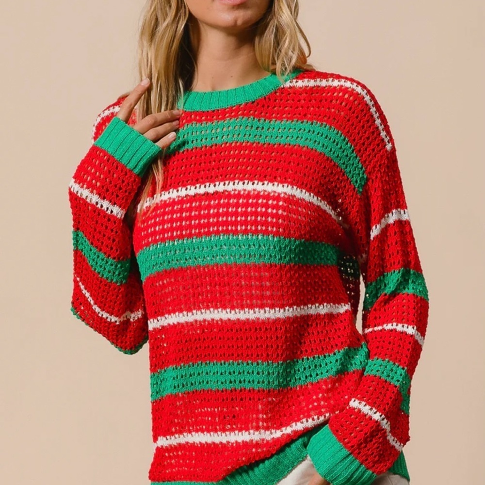 Striped Red and Green Women's Sweater - Picture 7 of 9